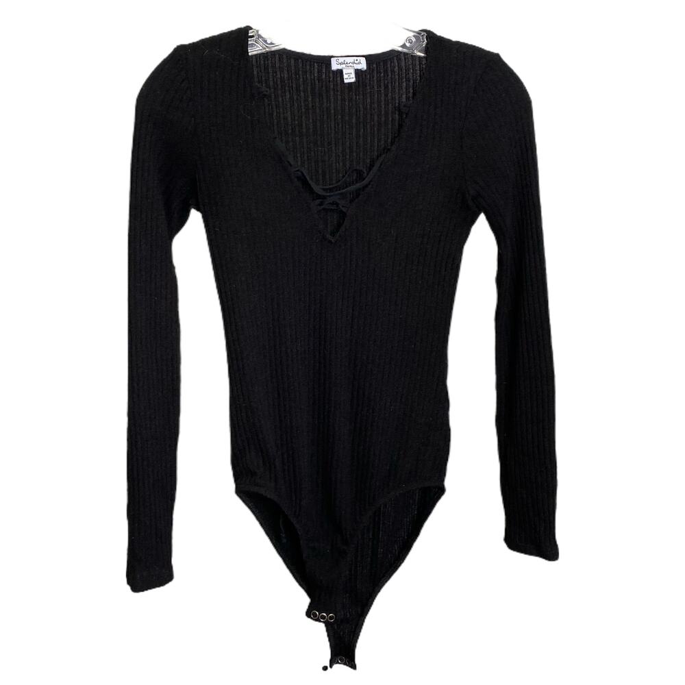 Splendid Black Ribbed Lace Up V Neck Long Sleeve Bodysuit Small‎